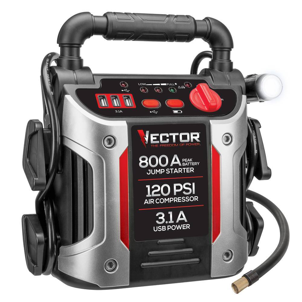 VECTOR 800 Peak Amp Jump Starter 120 PSI Air Compressor Three USB Charging Ports Rechargeable J7CV