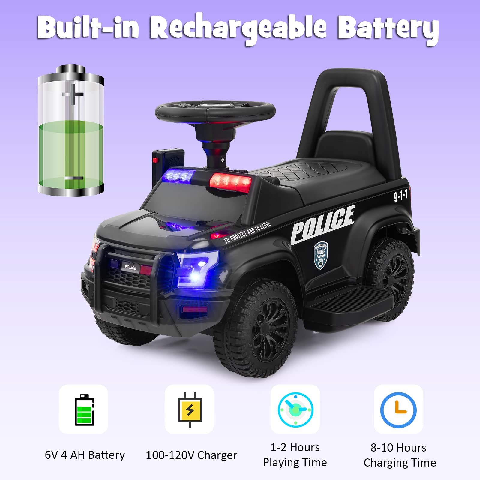 Costzon Ride on Car, 6V Battery Powered Police Car with Side Megaphone, Horn