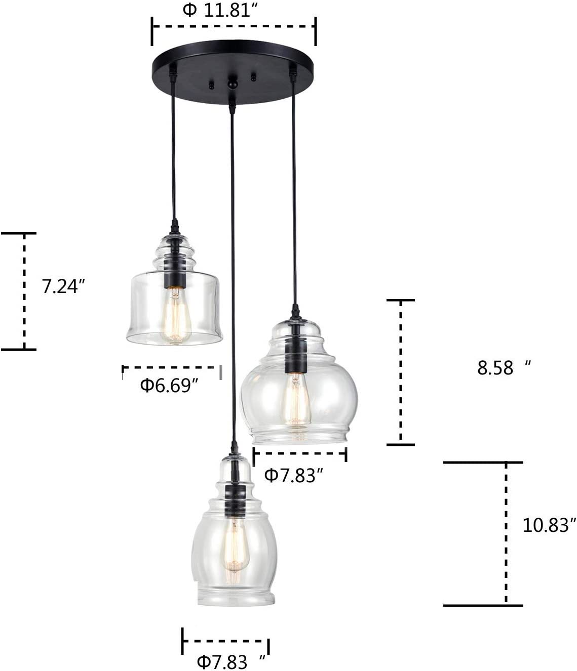 Claxy Glass Light 3-Light Black Industrial Clear Glass Jar Pendant Light