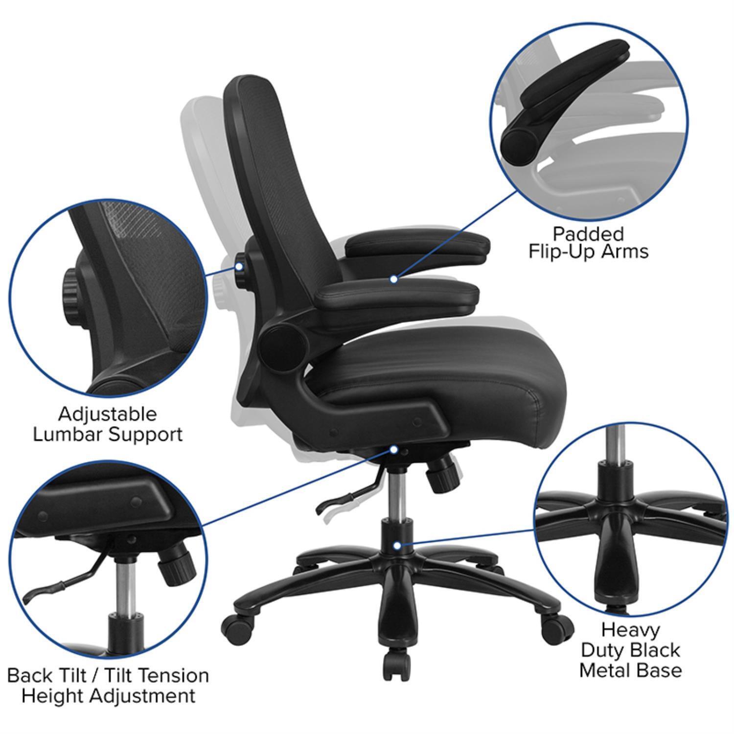 Flash Furniture BT20180LEA HERCULES Series Big and Tall 500 lb. Rated Black Mesh/LeatherSoft Executive Ergonomic Office Chair with Adjustable Lumbar