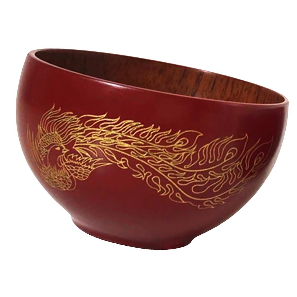 Phoenix Pattern Wood Rice Noodles Hand-crafted Serving Bowl Japanese Style Tableware Food Container red and Phoenix