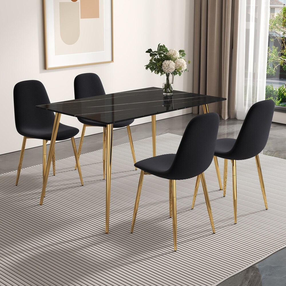 Modern rectangular black imitation marble dining table  0.3 inches thick  metal legs for kitchen  dining room