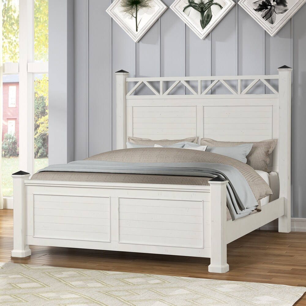 Roundhill Furniture Laria Antique White Finish Wood Panel Bed with Dresser  Mirror  and Two Nightstands