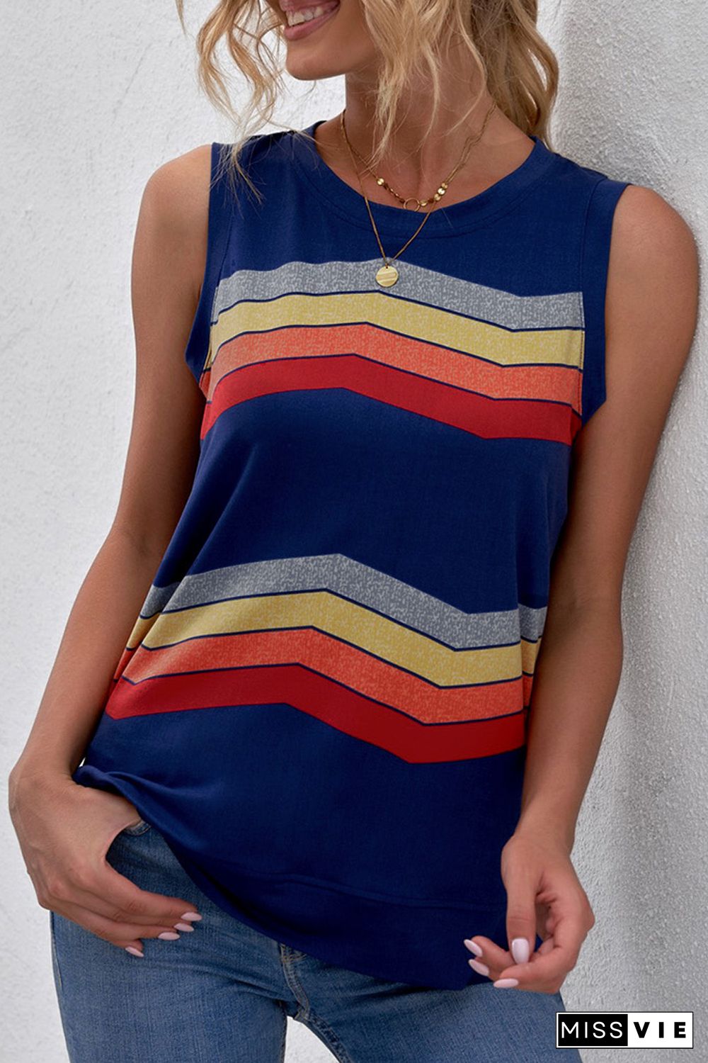 Blue Crew Neck Colorblock Stripes Tank Top