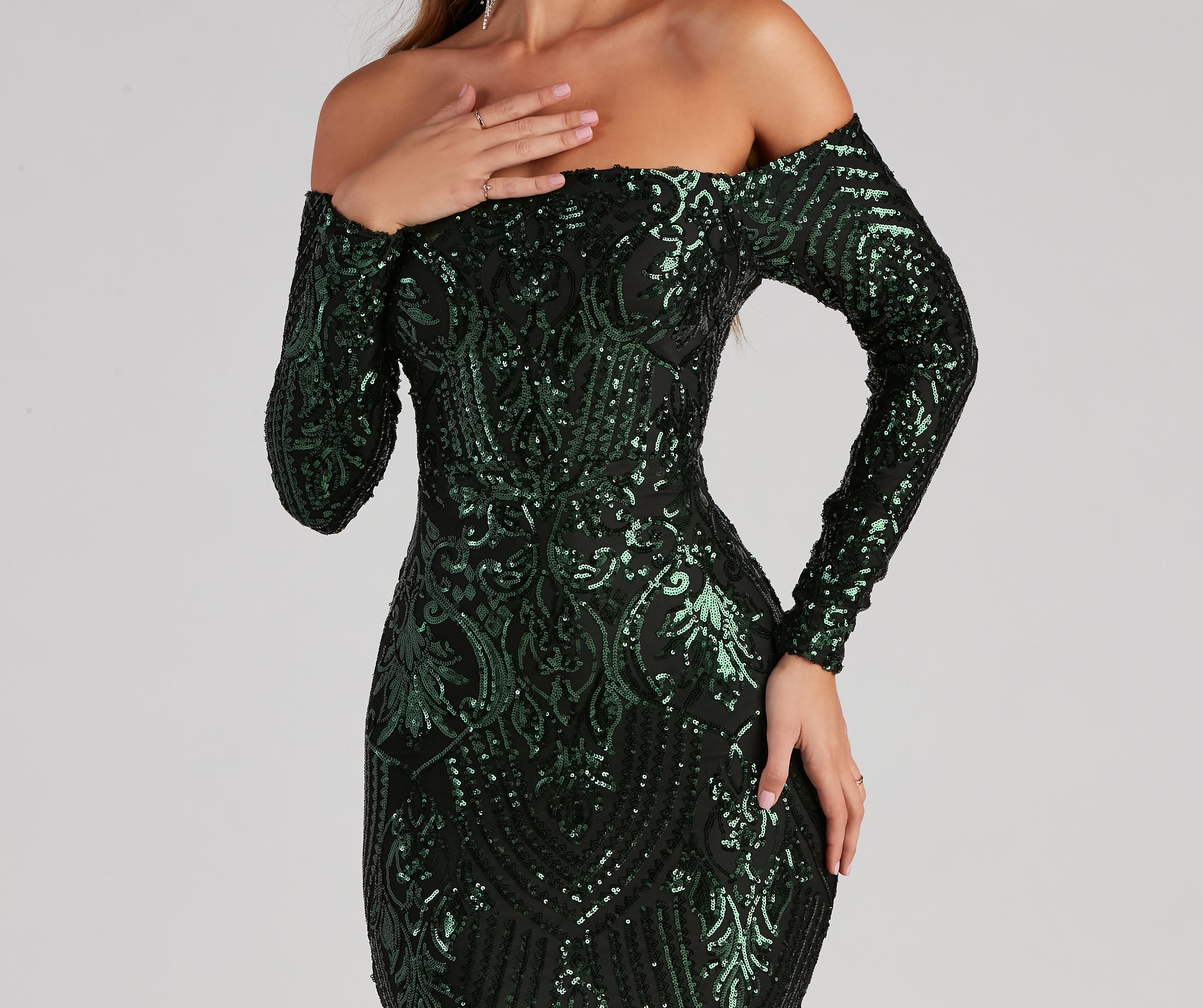 Sierra Sequin Off The Shoulder Formal Dress