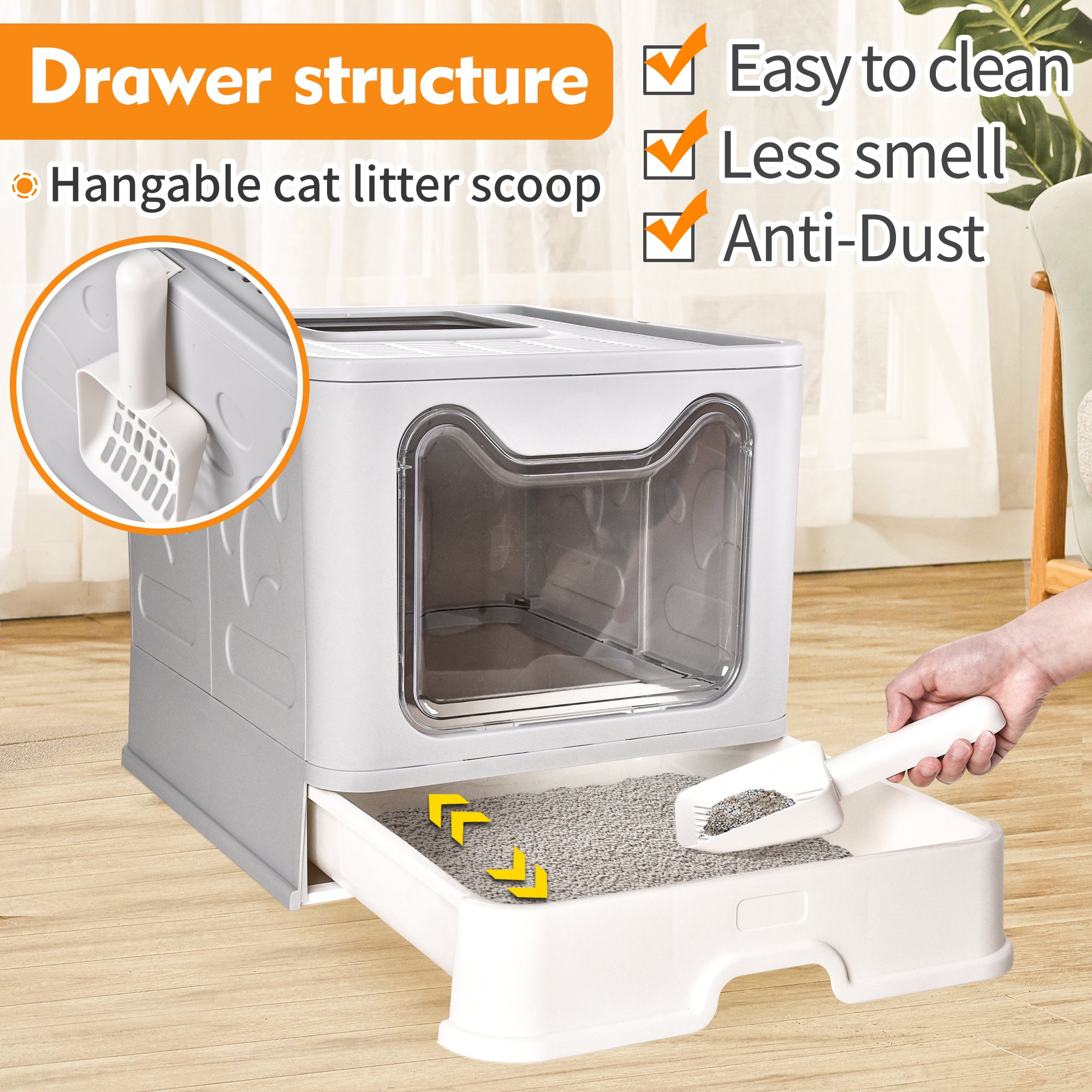 Foldable Cat Litter Box with Lid， Extra Large Covered Litter Box with Cat Litter Scoop， Drawer Type Enclosed Kitty Litter Box， Anti-Splashing Cat Litter Toilet Easy Cleaning and Scoop， Gray