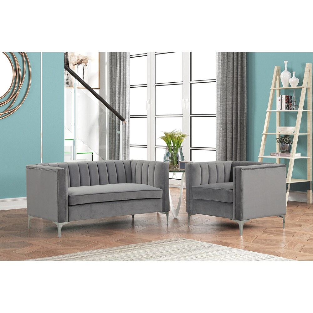 Morden Fort Modern 2 Pieces of Chair and Loveseat Set with Dutch Velvet Grey  Iron Legs