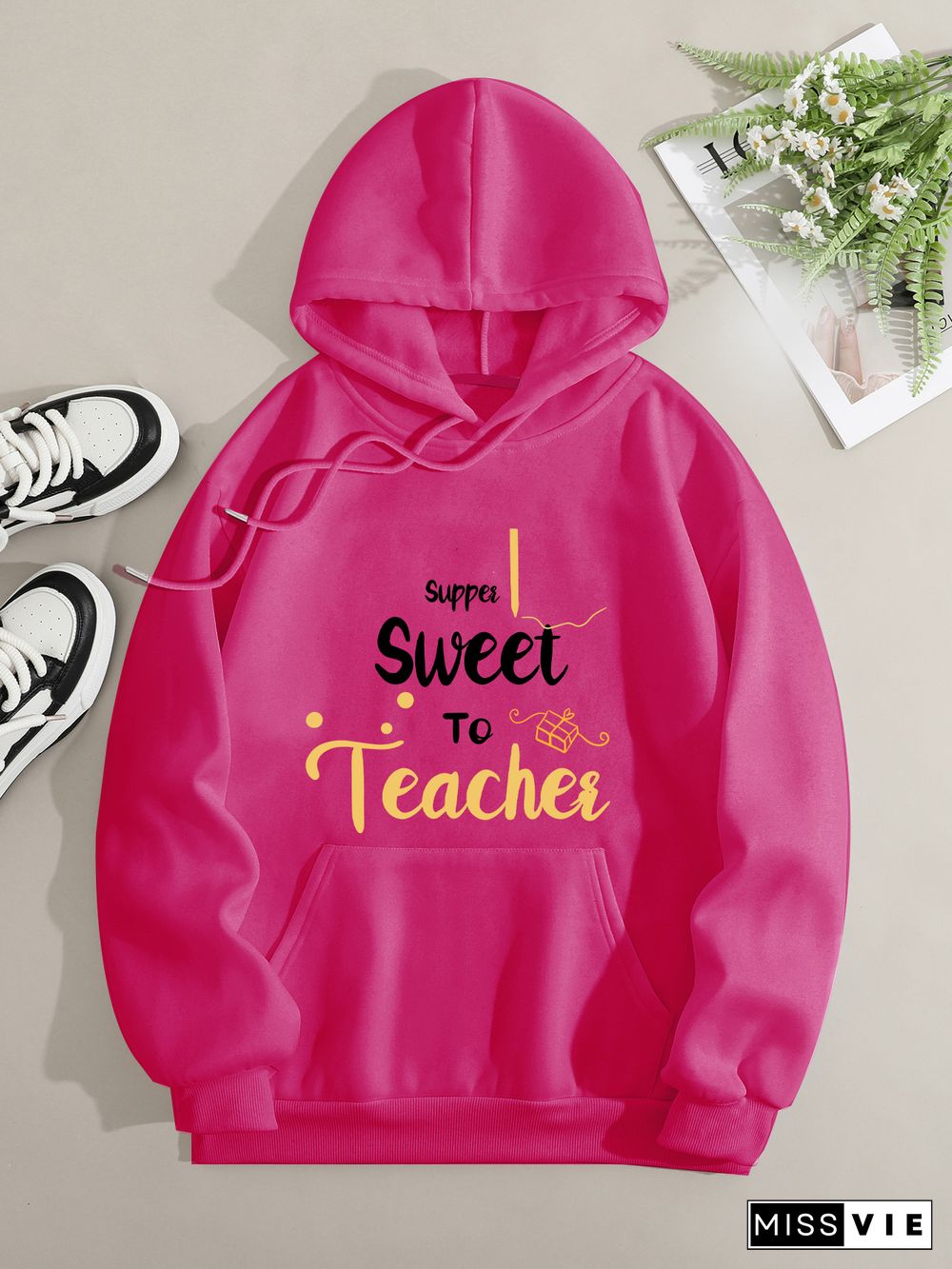 Printed on front Kangaroo Pocket Hoodie Long Sleeve for Women Pattern Super teacher