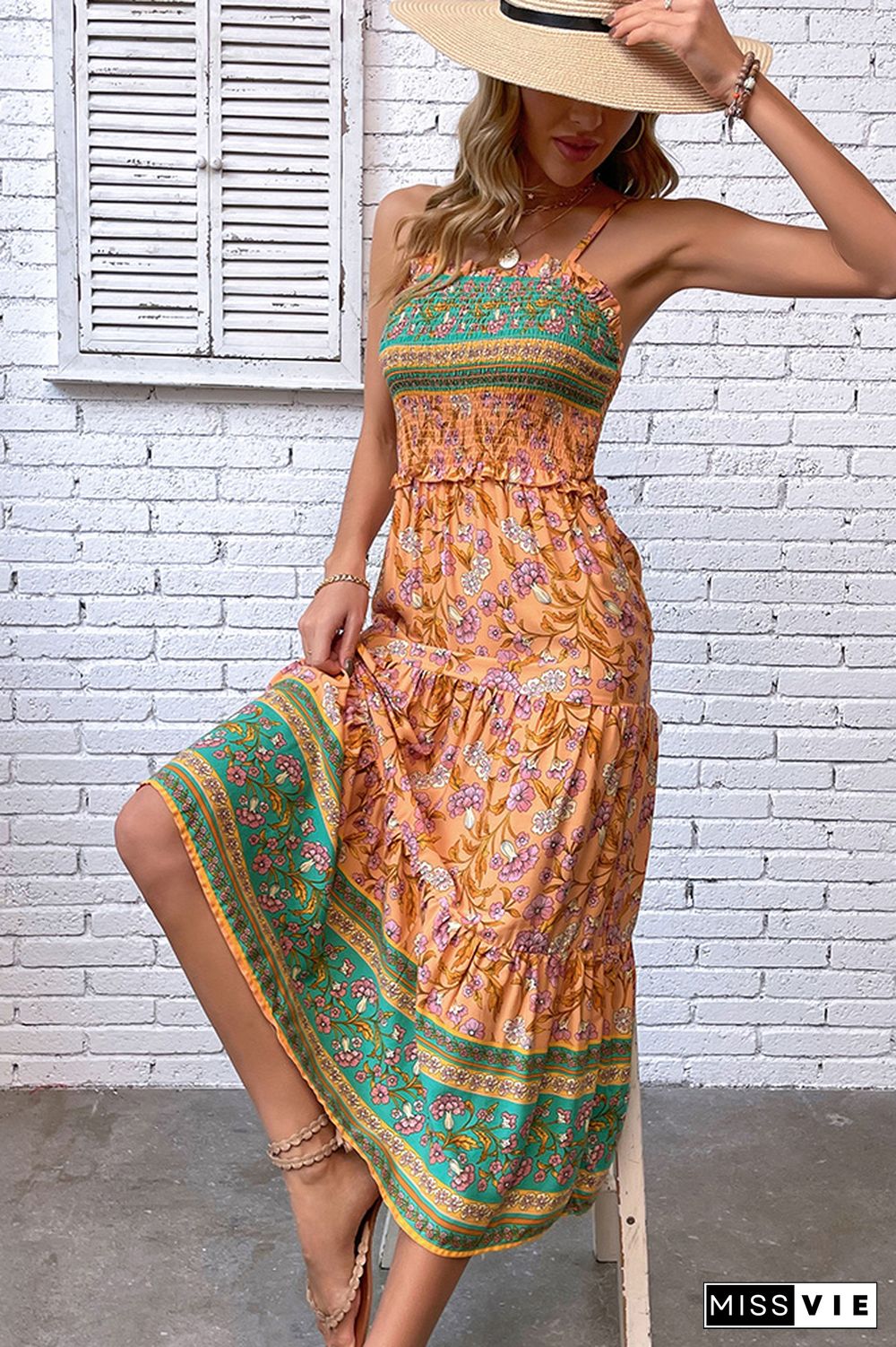 Orange Boho Flower Print Spaghetti Dress