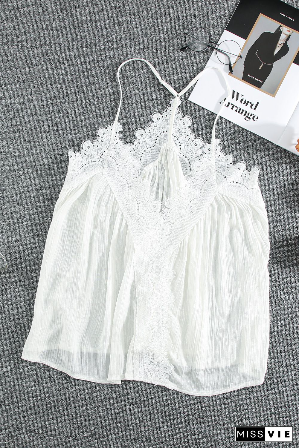 White Lace Splicing Ruffled V Neck Cami Top