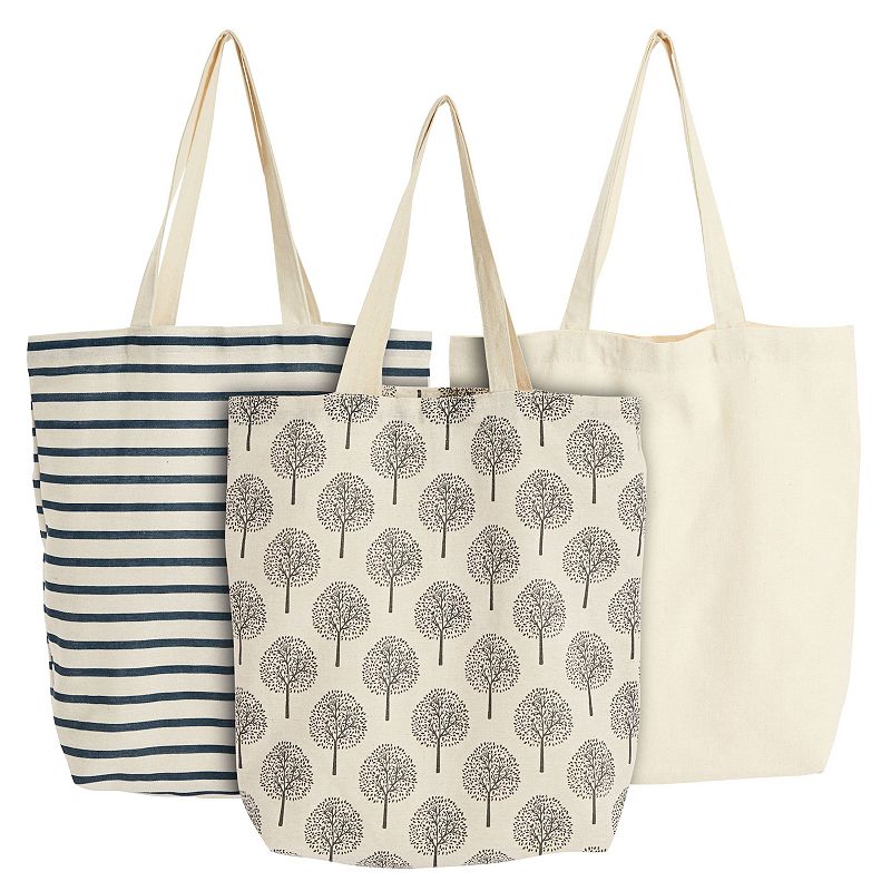 3 Pack Small Reusable Tote Bags for Women， Canvas Cloth Bags for Shopping， 3 Designs (15 x 16.5 In)