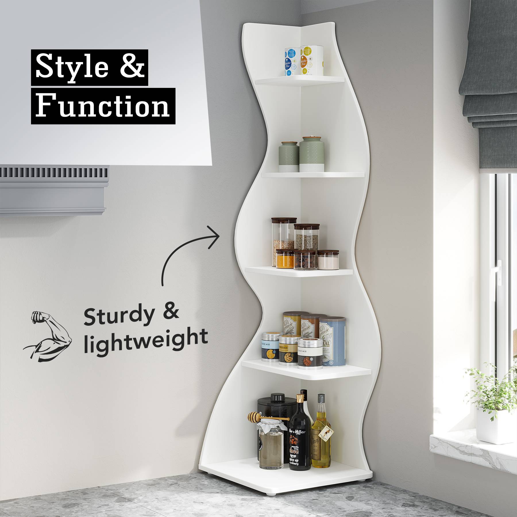 5-Tier Corner Shelf, Modern Wall Corner Bookshelf Bookcase