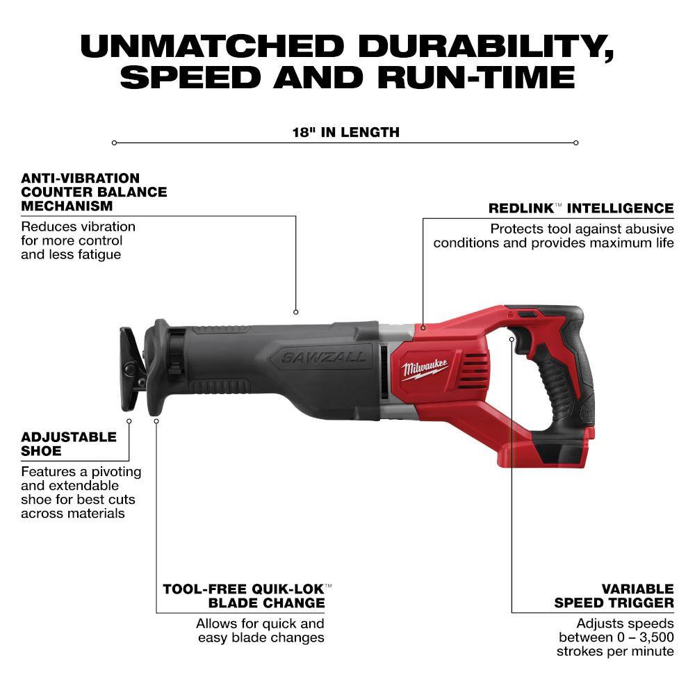 MW M18 18V Lithium-Ion Cordless SAWZALL Reciprocating Saw W 3.0Ah Battery and Charger 2621-20-48-59-1835