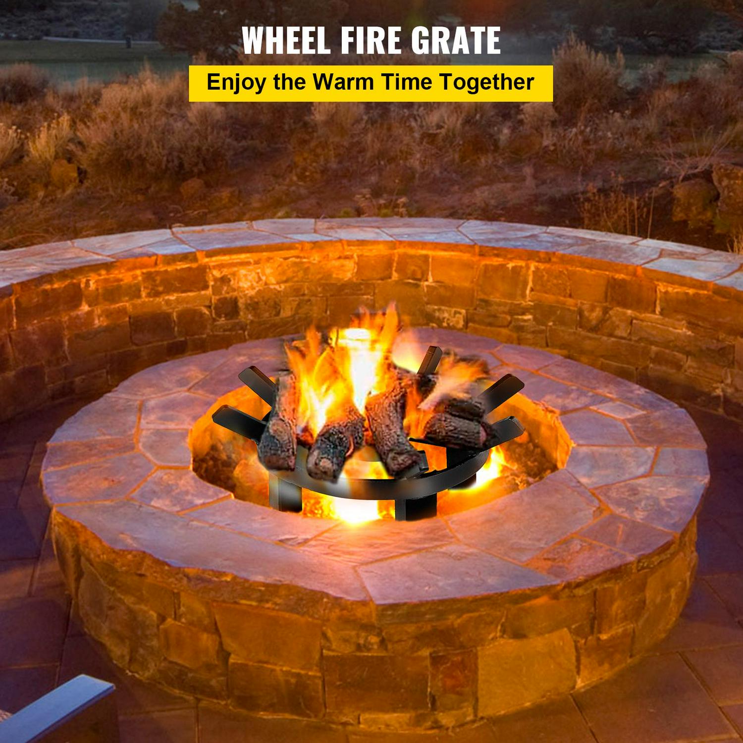 VEVOR Wheel Firewood Grate 12-inch Diameter Fire Pit Log Grate with 4-inch High Log Bed Fire Pit Grate Round， Steel 3/4-inch Thick Spokes Fire Grate Wheels for Outdoor Campfire