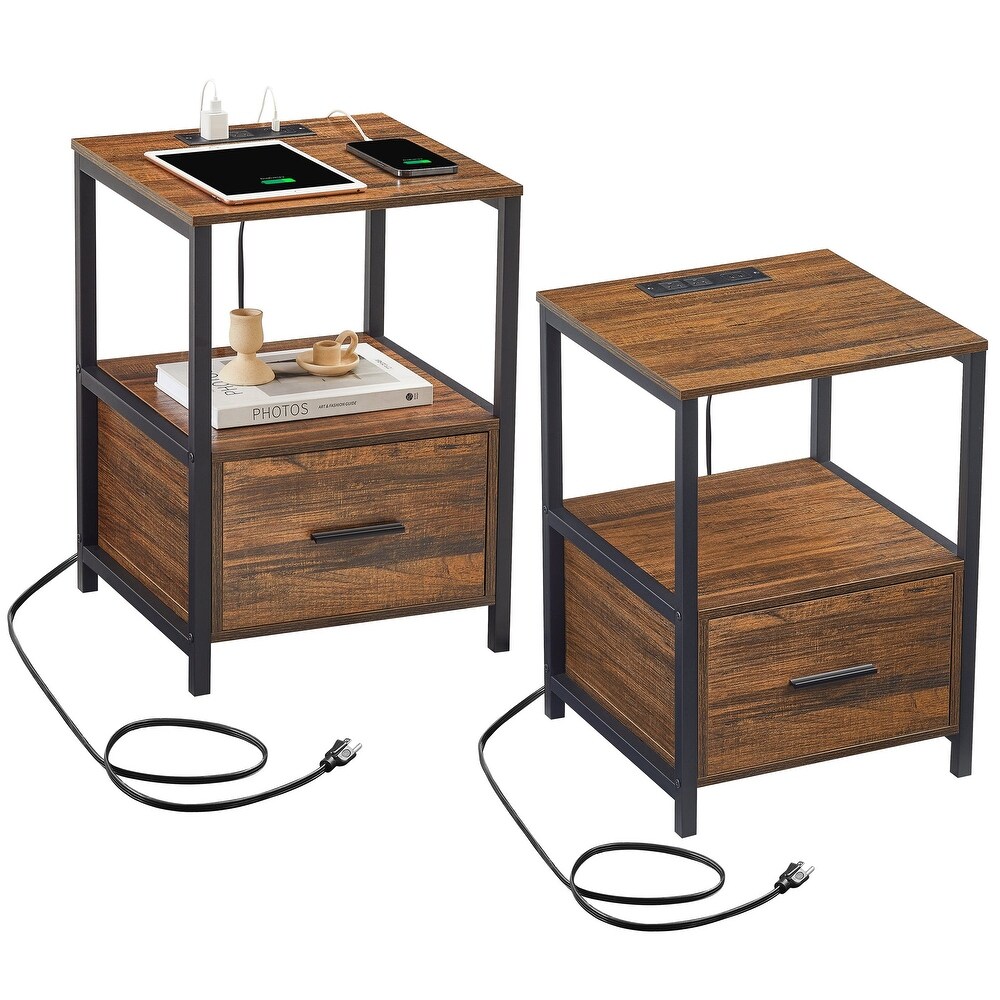 VECELO Mid Century Modern Nightstand with Charging Station USB port ((Set of 2))