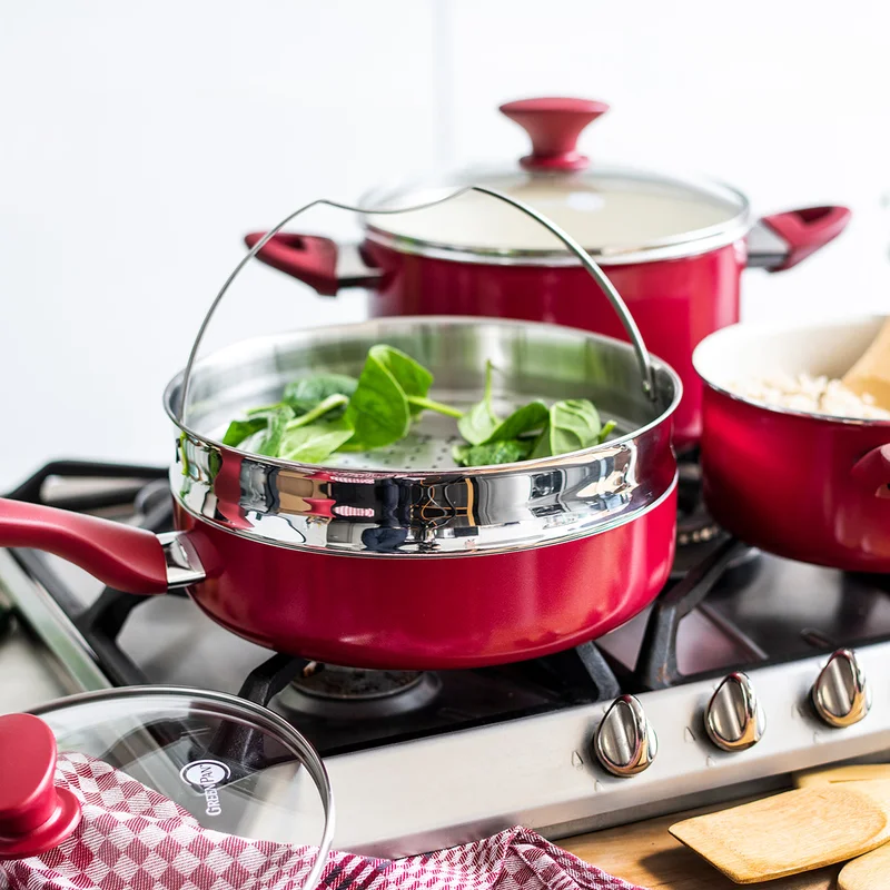 GreenPan CC002330-001 Rio Healthy Ceramic Nonstick 16 Piece Cookware Pots and Pans in Set Red