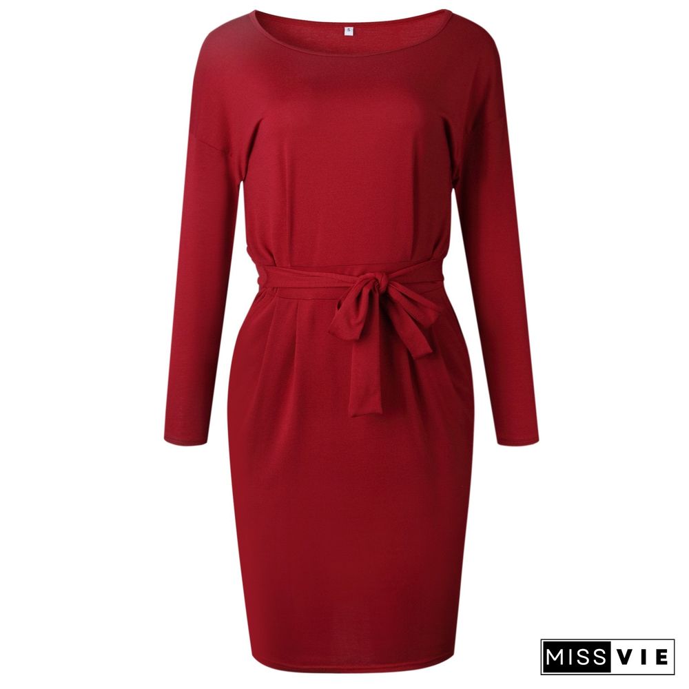 O Neck Midi Dress With Belt (Long Sleeve)