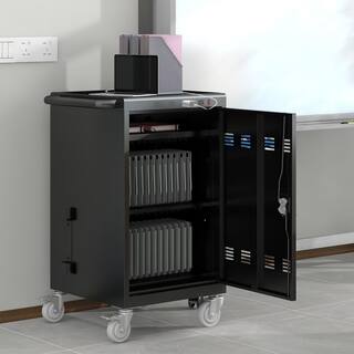 YOFE 30-Device PLUS Steel 4-Wheeled Tablets Laptops Cart Classroom Storage Mobile Charging Cart Locking Cabinet in Matt Black CamyBK-GI41878W1102-cart01