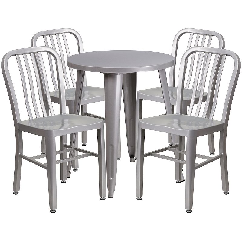 Emma and Oliver Commercial Grade 24 Round Red Metal Table Set-4 Vertical Slat Back Chairs