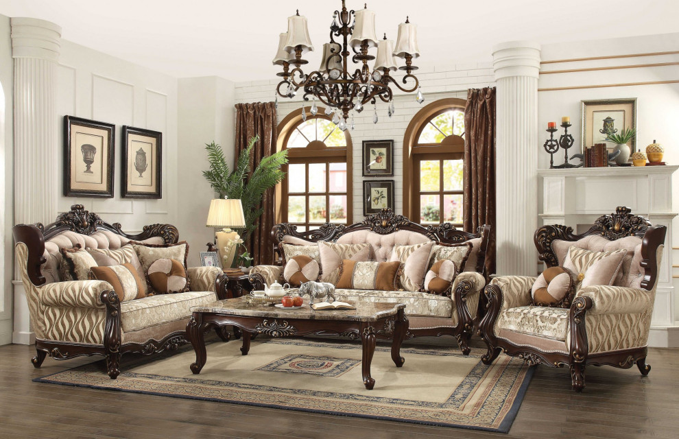 36 quotBeige And Brown Fabric Damask Tufted Chesterfield Chair   Victorian   Armchairs And Accent Chairs   by HomeRoots  Houzz