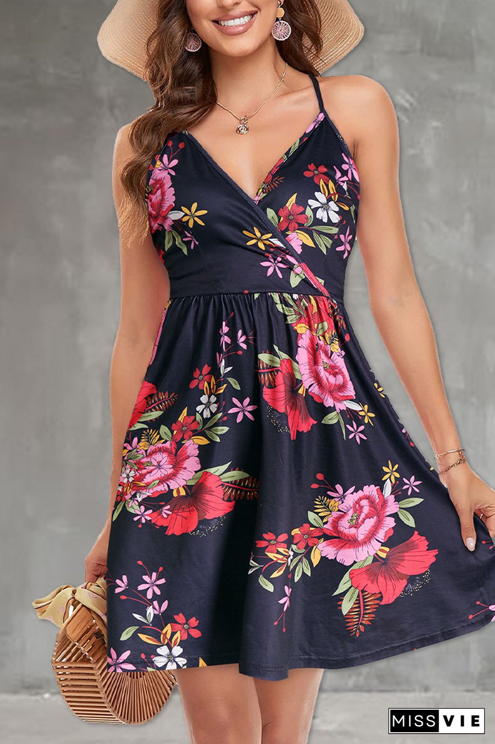 V-neck Slip Backless Floral Print Dress Wholesale