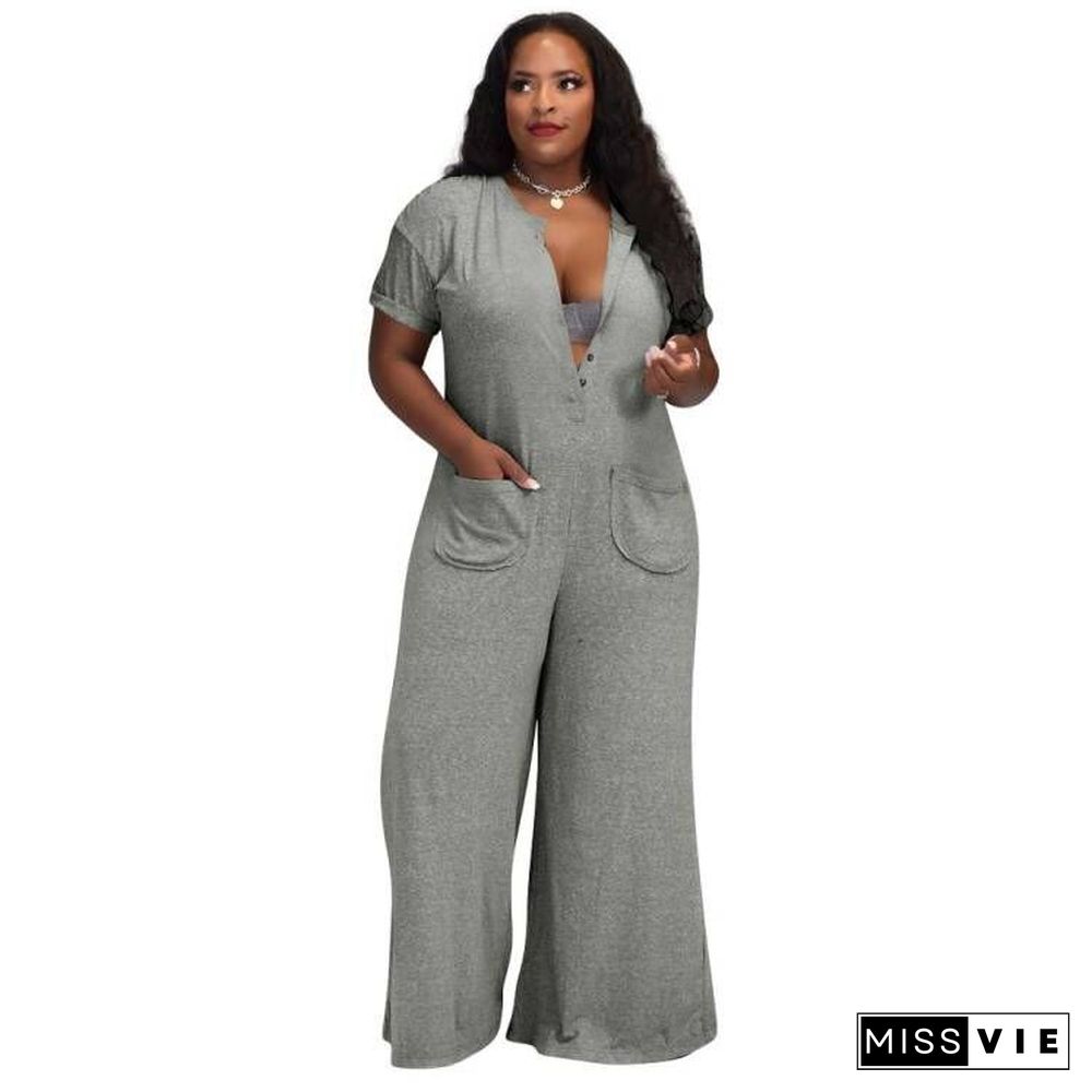 Solid Short Sleeve Loose Plus Size Wide Leg Jumpsuit