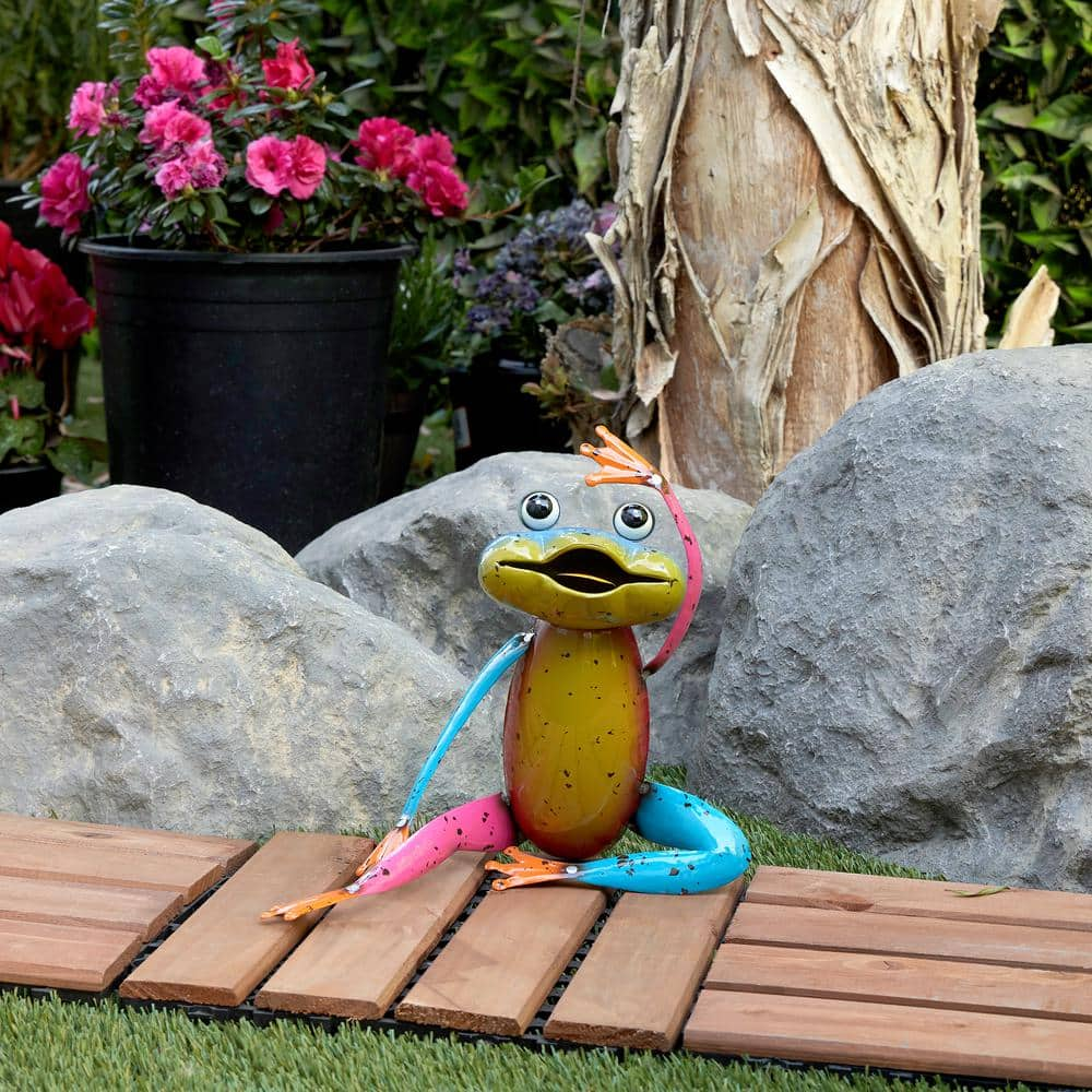 Alpine Corporation 11 in. H Indoor/Outdoor Colorful Metal Stretching Yoga Frog Decorative Garden Statue MBG156HH