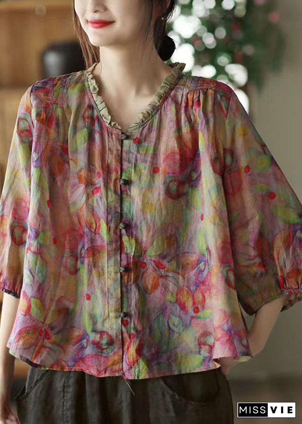 Plus Size Pink V Neck Ruffled Print Linen Blouse Top Half Sleeve