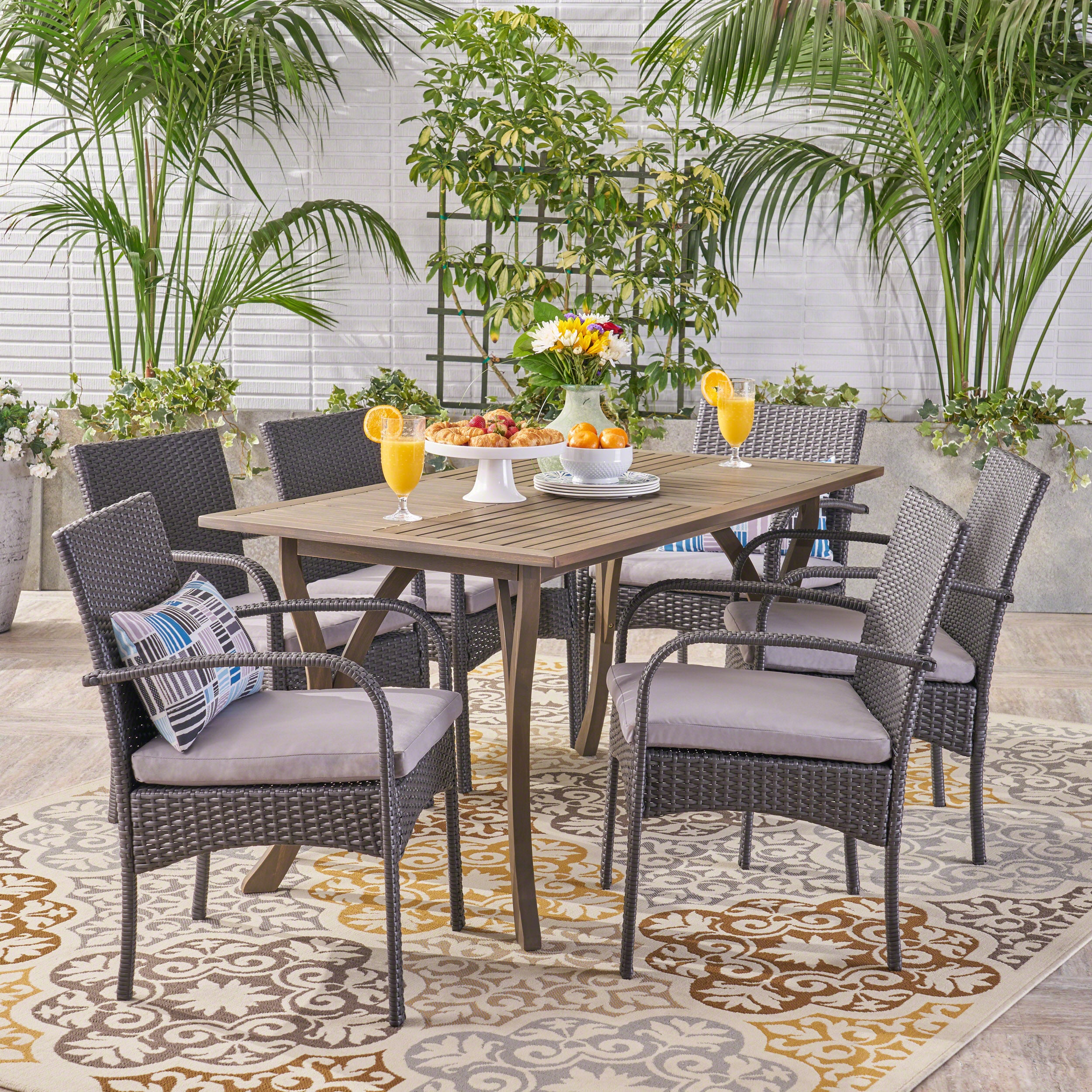 Rene Outdoor 7 Piece Wood and Wicker Dining Set, Gray and Gray