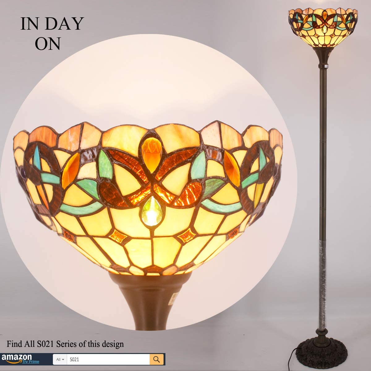 BBNBDMZ Tiffany Floor Lamp Serenity Victorian Stained Glass Light 12X12X66 Inches Pole Torchiere Standing Corner Torch Uplight Decor Bedroom Living Room  Office S021 Series