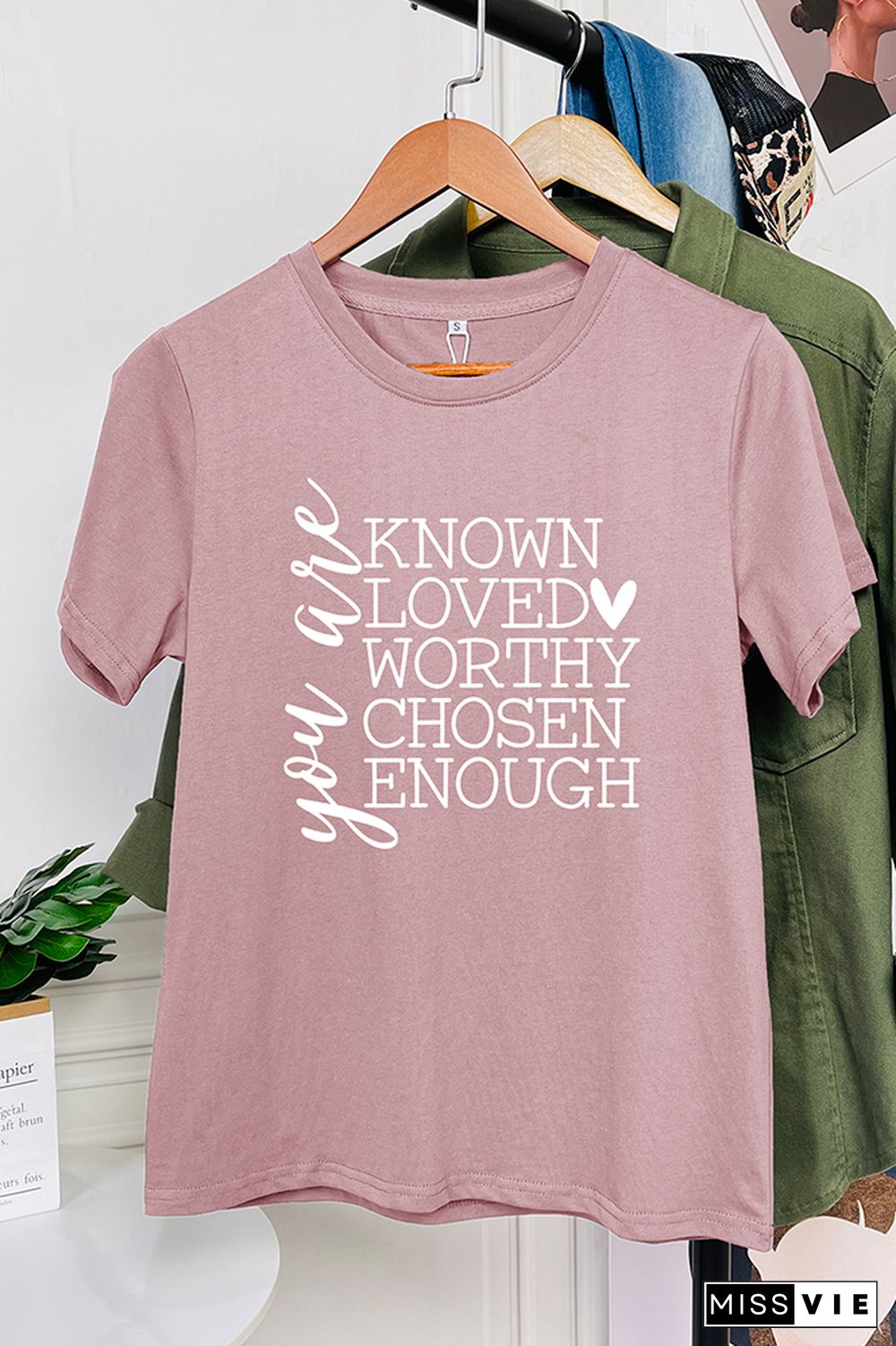 You Are Known, Loved, Worthy, Chosen, Enough Print Christian Graphic Tee Wholesale