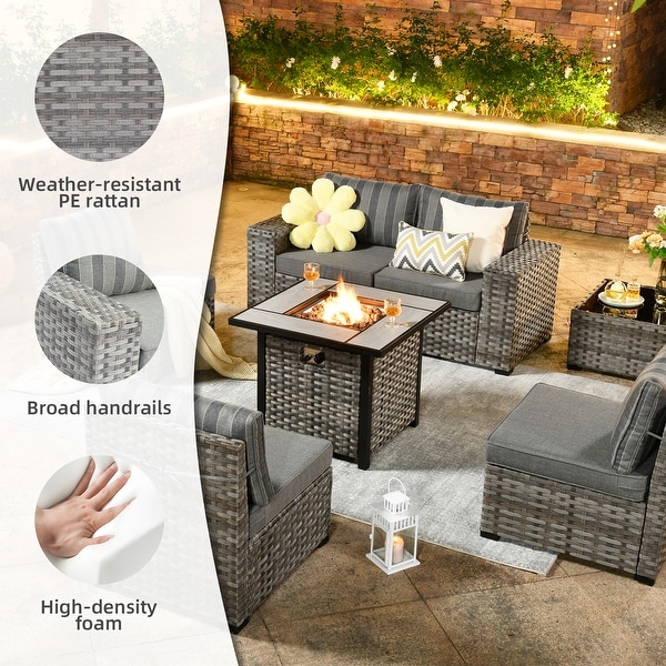 OVIOS Patio Wicker Furniture Wide Arm 7piece Fire Pit Set with Table