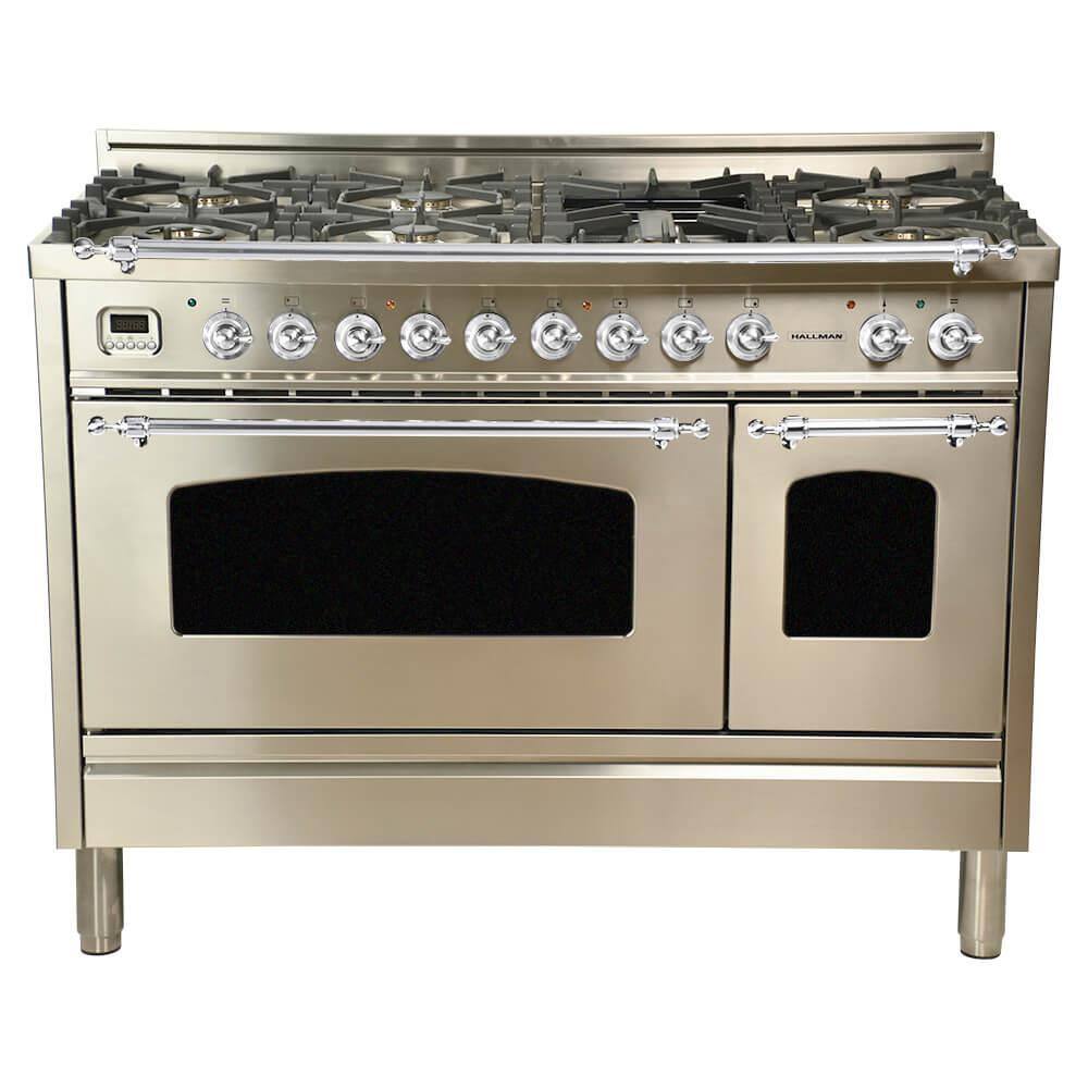 Hallman 48 in 5.0 cu.ft. Double Oven Dual Fuel Italian Range wTrue Convection 7 Burners Griddle Chrome TrimStainless Steel HDFR48CMSS