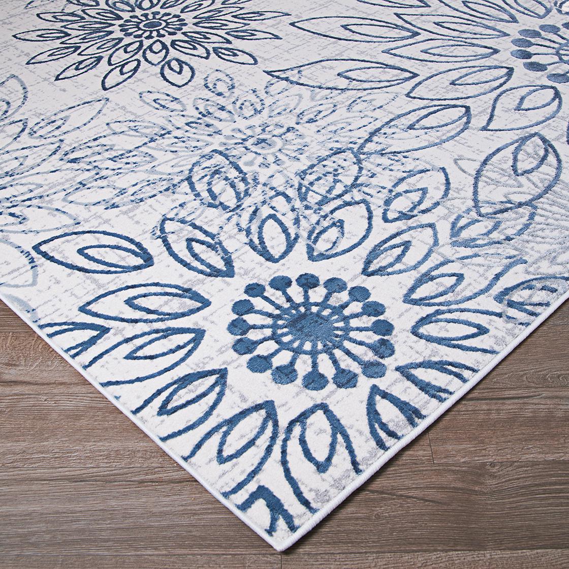 Calinda Summer Bliss Steel Blue-Ivory Area Rug  Multiple Sizes