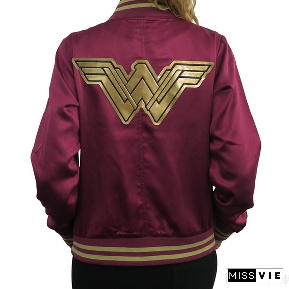 Wonder Woman Bomber Jacket Autumn and Winter Women's Classic Solid Zip Up Jacket Wind Coat