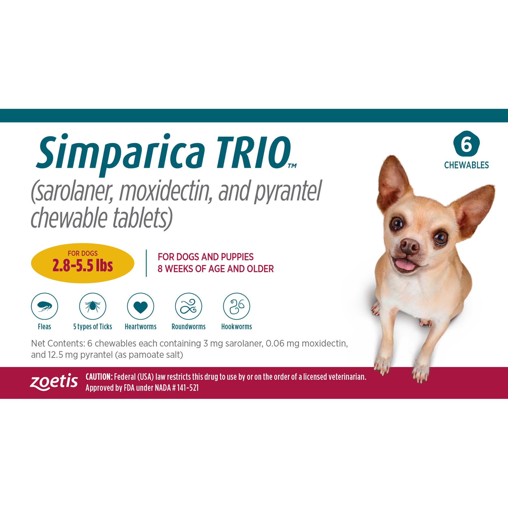 Simparica Trio 2.8-5.5 lbs. Dogs， 6 Month Supply