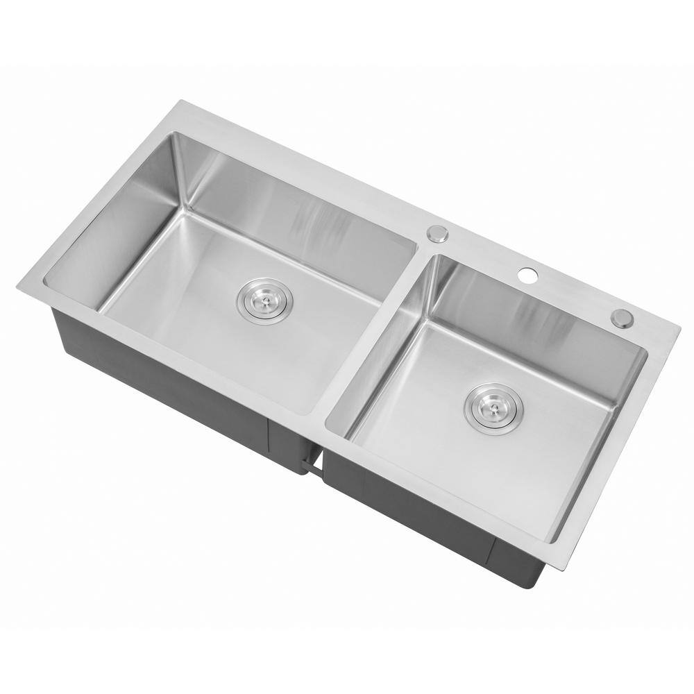 eModernDecor Drop-in Top Mount 16-Gauge Stainless Steel 42-78 in x 21-12 in x 10 in 6040 Offset Double Bowl Kitchen Sink Combo ARL-RT4321