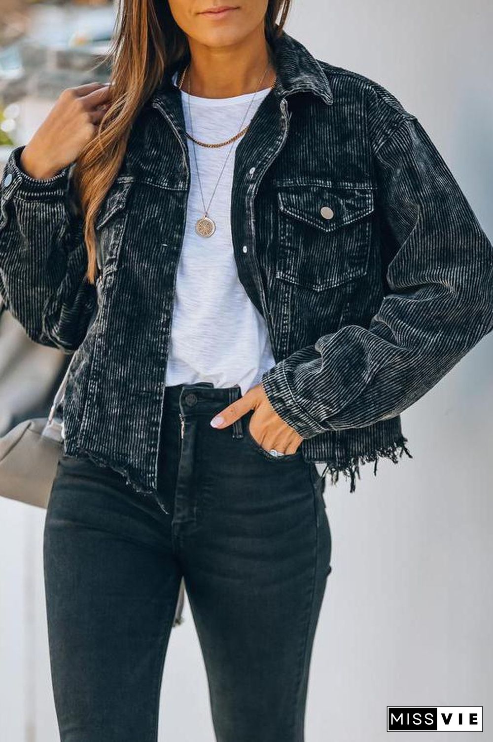 Frayed Hem Cropped Corduroy Jacket