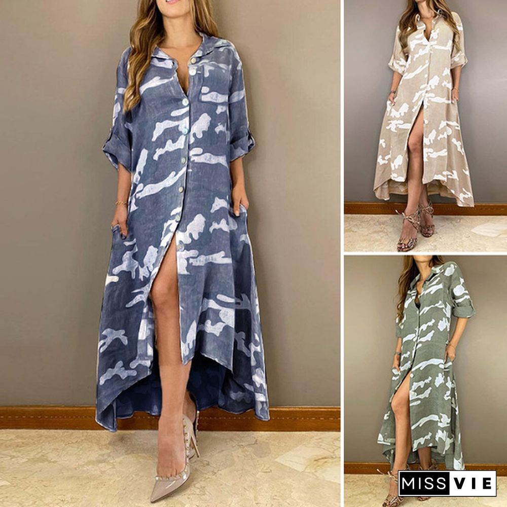 Plus Size Women Spring Fall Long Sleeve Turn-down Collar Printed Shirt Dress Irregular Hem Casual Loose Button Up Dresses