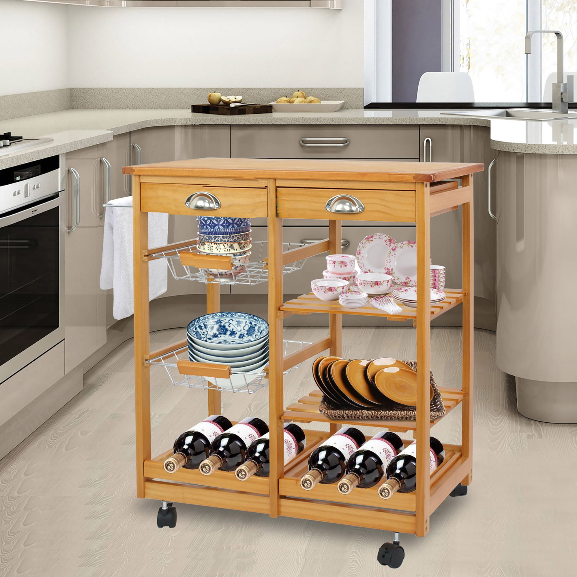 Zeny Kitchen Cart Island Wooden Storage Trolley Utility Cart W/ Drawers and Baskets