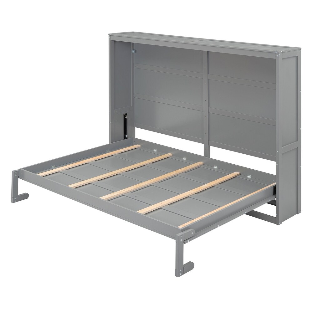 Gray Queen Size Murphy Bed Wall Bed Frame with Wooden Slat Support