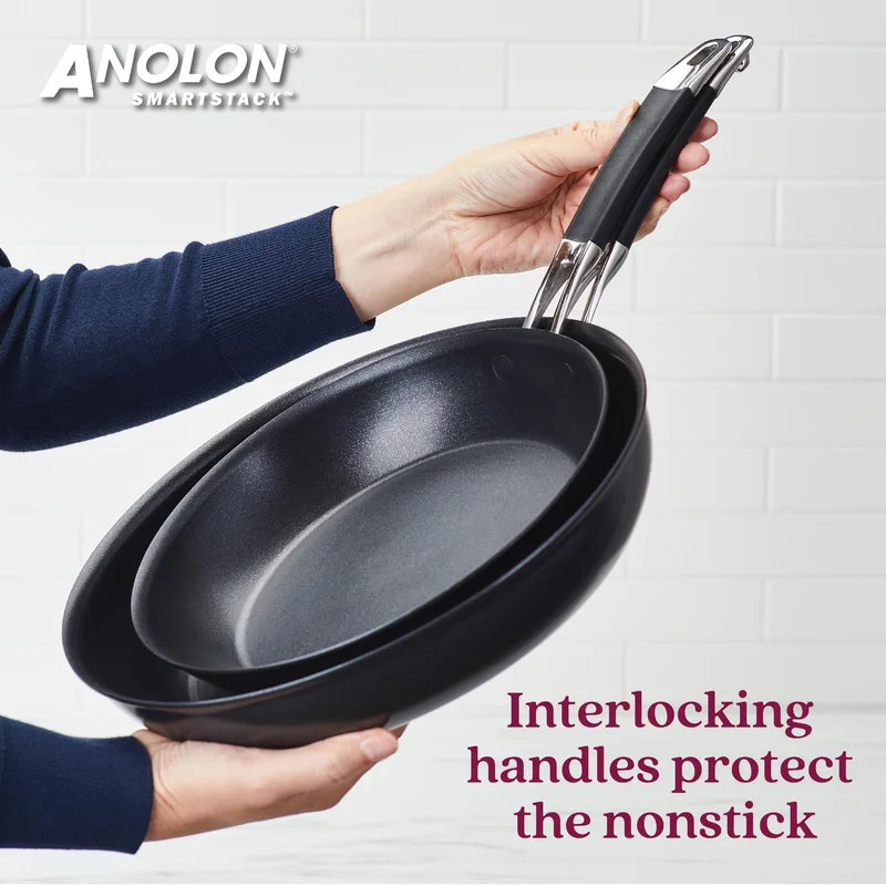 Anolon 87539 Smart Stack Hard Anodized Nonstick Frying Pan Set / Fry Pan Set / Hard Anodized Skillet Set - 10 Inch and 12 Inch， Black