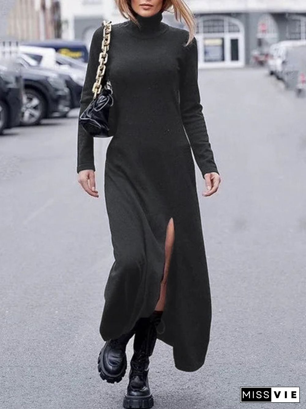 Casual Solid Turtleneck Long Sleeve Knitting Dress