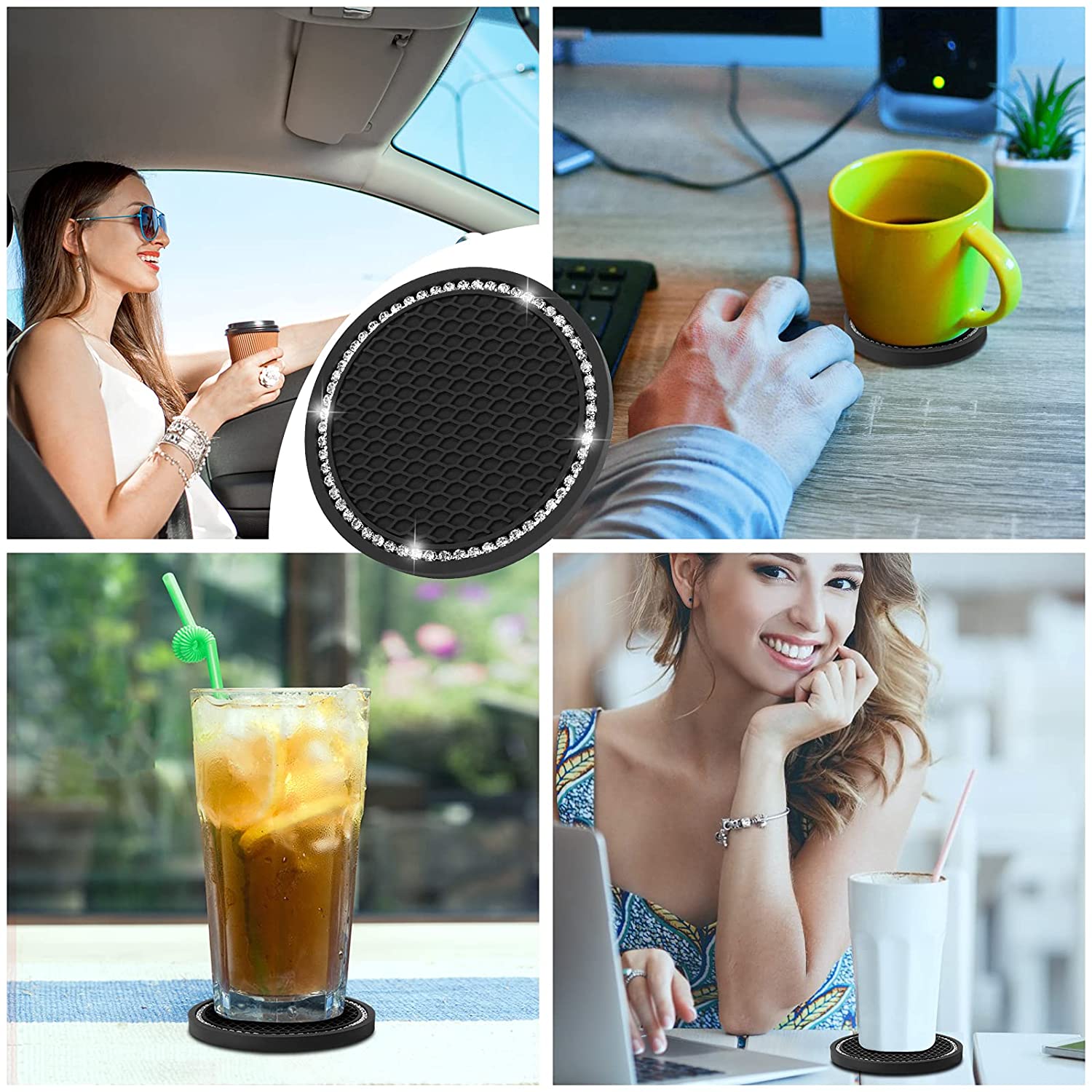 Fymlhomi Car Coasters for Cup Holders 4PCS Bling Car Accessories Coasters for Drinks Absorbent Coffee Table Cup Mat Drinking Coaster Silicone Drink Coasters with Holder Home Decor 2.75 Inch Black