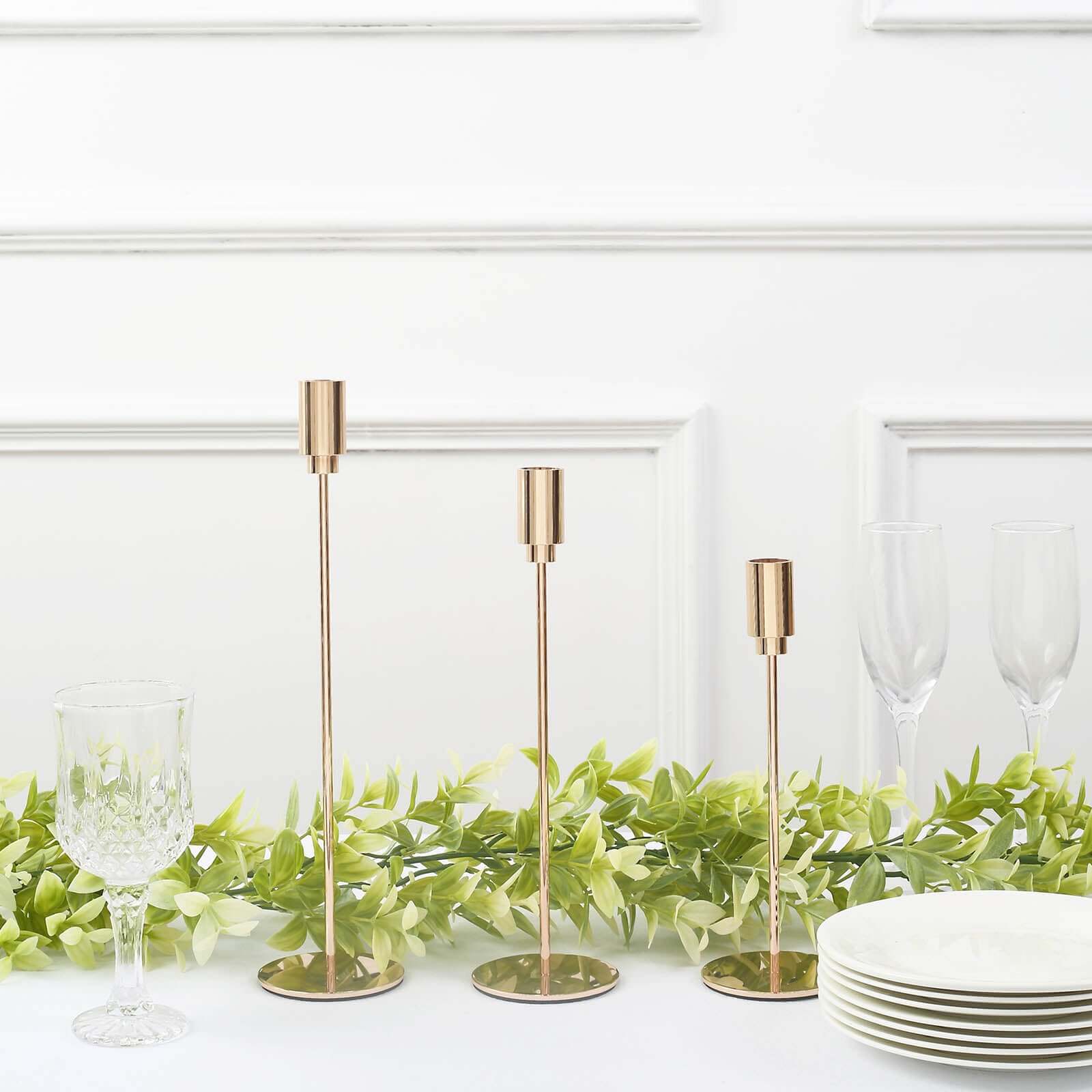 Set of 3 Gold Metal Taper Candle Stands With Round Solid Base, Decorative Candlestick Holder Set 9