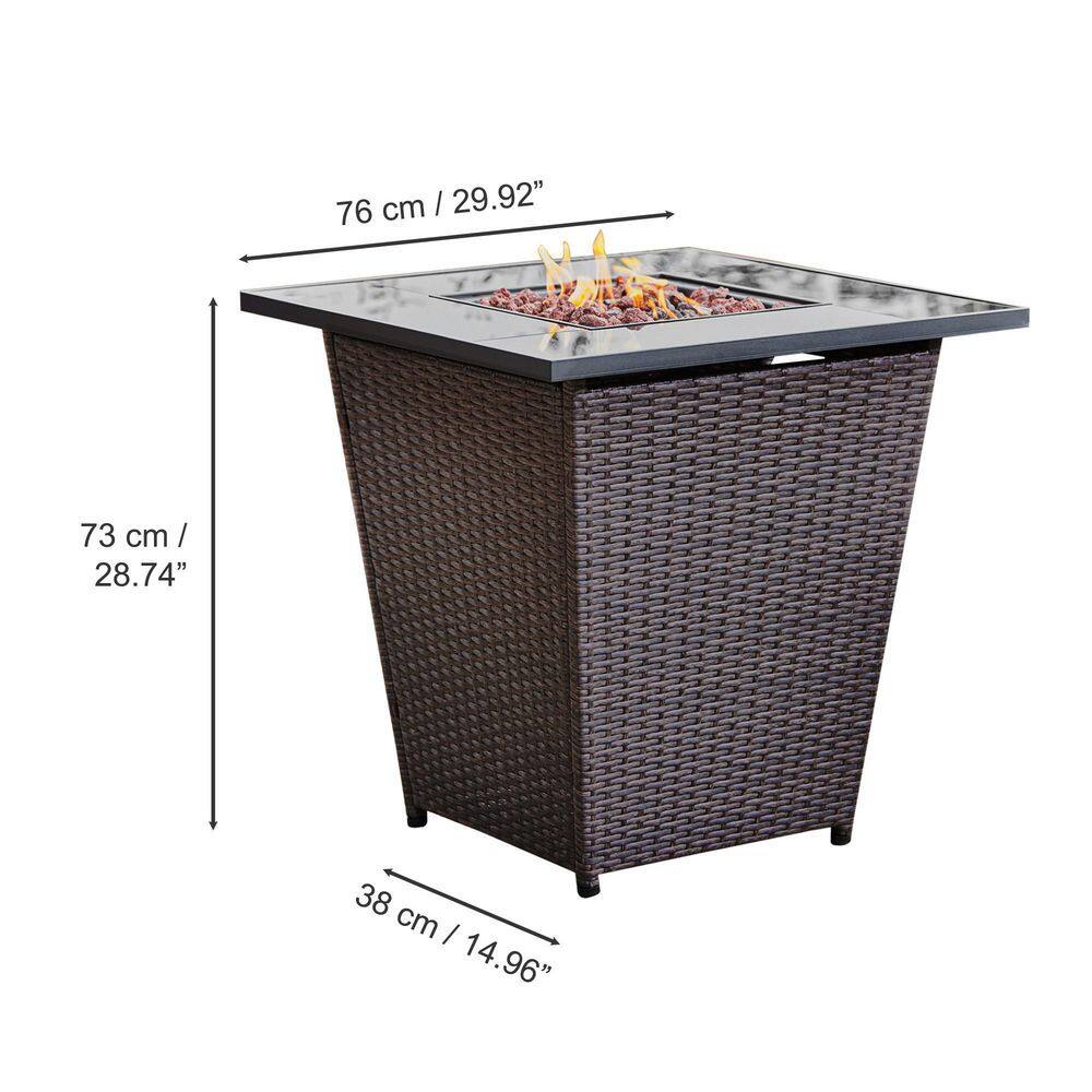 Teamson Home 30 in. Rattan Base Tempered Glass Top Propane Firepit with Lava Rock Metal Lid and Regulator HF30200AA