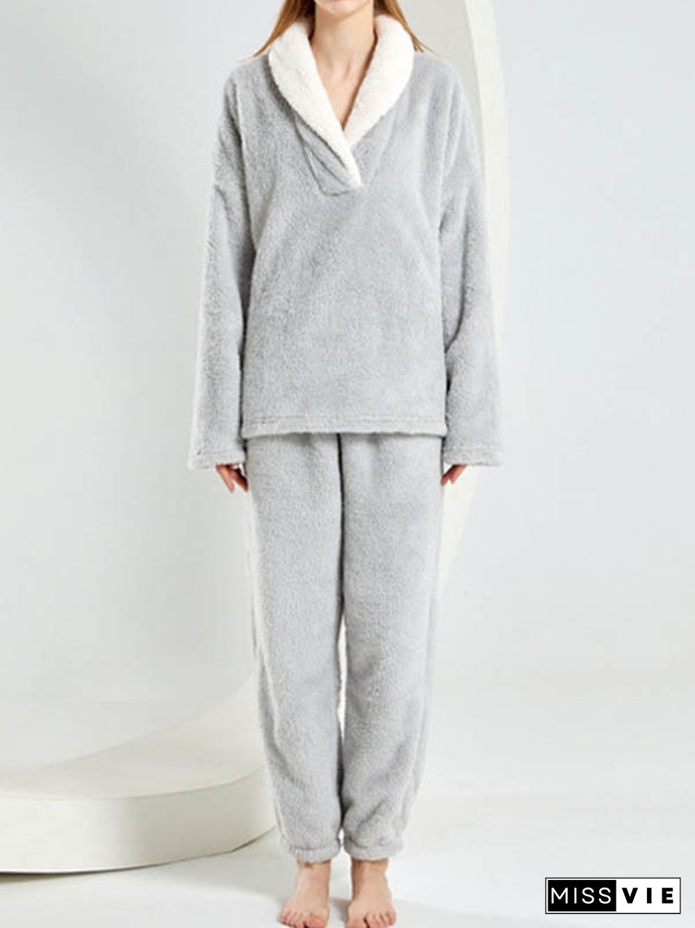 Coral Fleece Split-Joint V-Neck + Pants Pajama Two Pieces Set