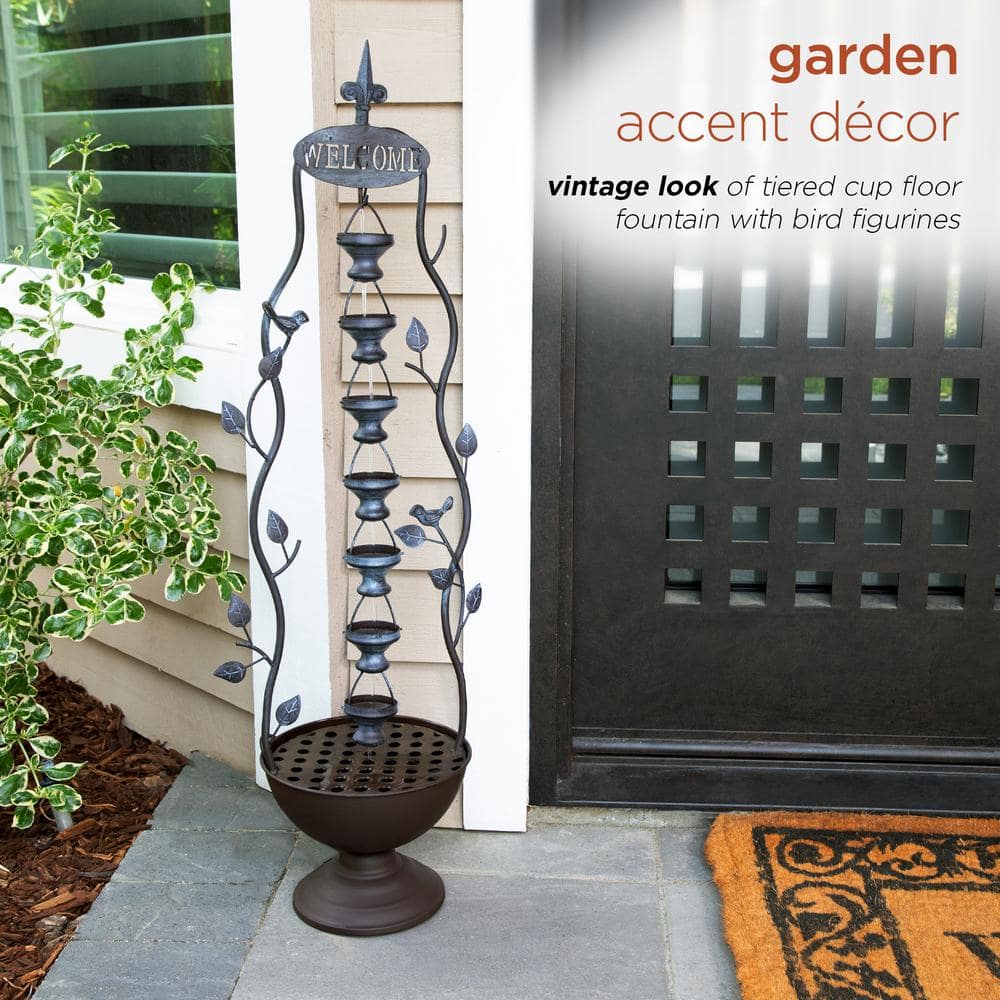 Alpine Corporation 41 in. Tall Indoor/Outdoor Metal Hanging 7-Cup Tiered Floor Water Fountain, Bronze MAZ256