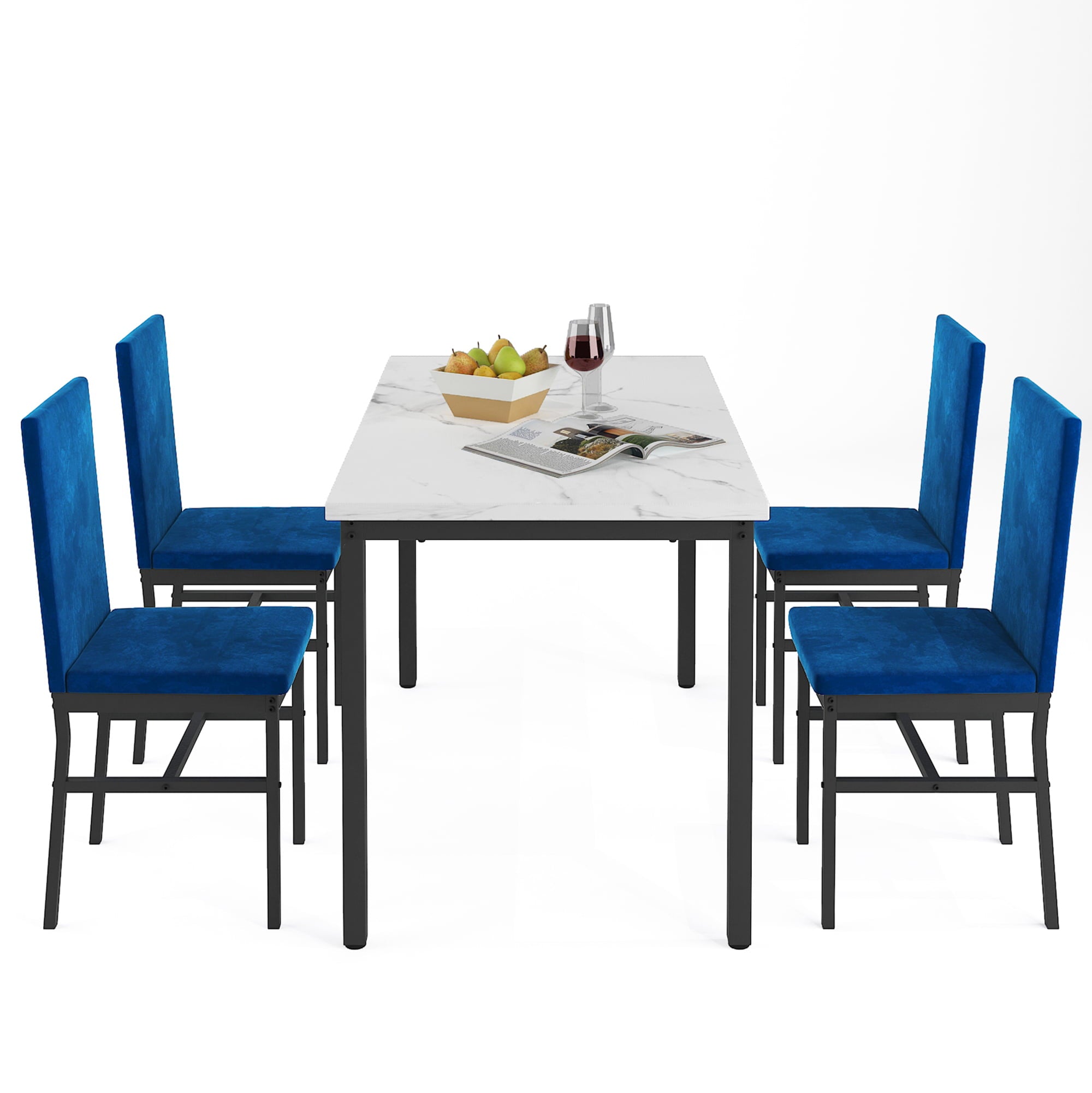 Kitchen Dining Table Set, 5-Piece Dining Table and Chairs, Metal Frame Dining Room Set with White Marble Table and Blue Velvet Chairs for 4