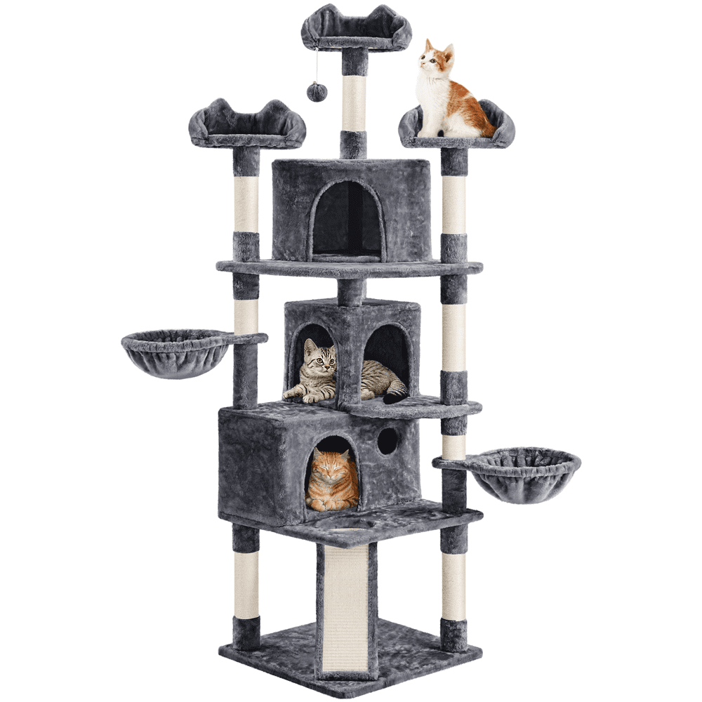 SMILE MART 76.5" Large Cat Tree Tower with 3 Condos Cozy Perches Dangling Ball, Dark Gray